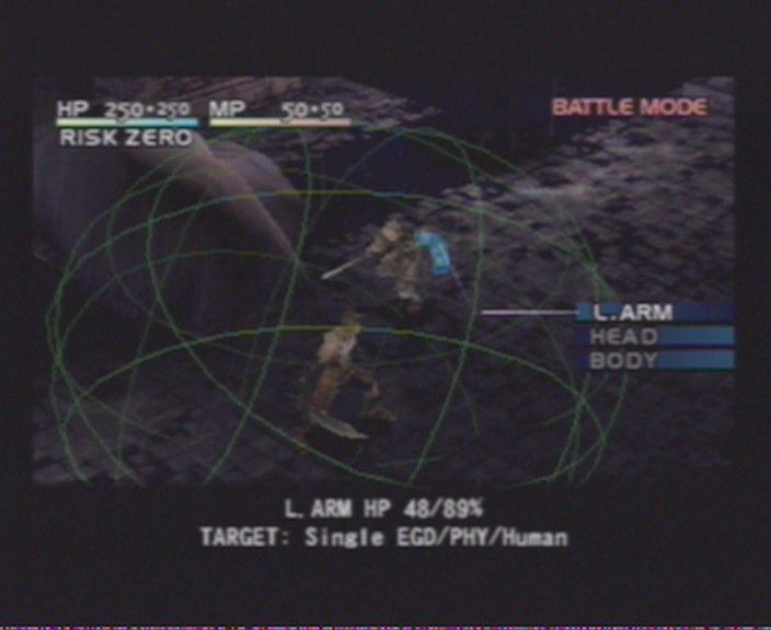 Vagrant Story (PlayStation) screenshot: Fighting is a bit similar to <moby game="Parasite Eve">Parasite Eve</moby>, where you see the radius your weapon can reach.