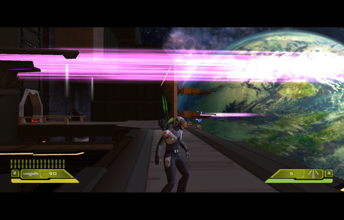 Advent Rising (Windows) screenshot: Station defenses are firing back