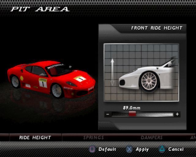 Ferrari Challenge: Trofeo Pirelli (PlayStation 2) screenshot: Prior to a race or qualifier in the Ferrari Challenge the player can tune up their car