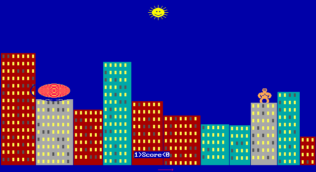 MS-DOS 5 (included games) (DOS) screenshot: Gorillas: A match atop another city concludes, the offending ape vaporised!