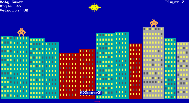 MS-DOS 5 (included games) (DOS) screenshot: Gorillas: Entering my coordinates of banana doom!
