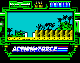 Action Force (ZX Spectrum) screenshot: Where's Snake Eyes? and Striker? and Kong? and Mokele-mbembe? and Dr. Livingstone? and... (POW PEZOW POW CALL NOW 123 AND RECEIVE TWO SPECIAL ACTION FORCE FIGURES!! NOW BUZOOW)