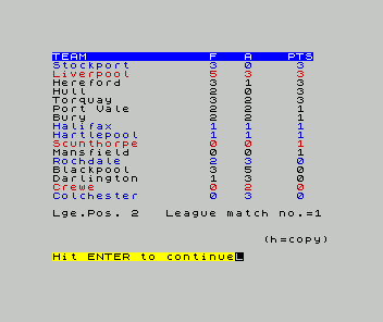 Football Manager (ZX Spectrum) screenshot: Followed by the league table