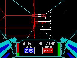 3D Starstrike (ZX Spectrum) screenshot: Conjugation between horizontal and vertical barricades.
