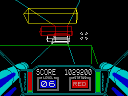 3D Starstrike (ZX Spectrum) screenshot: Stairs of horizontal barricades.