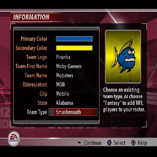 Madden NFL 2005 (PlayStation 2) screenshot: The gamer can create their own team. This also means they get to create their own stadium and uniform as well