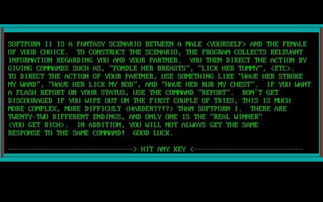 Softporn II (DOS) screenshot: Instructions