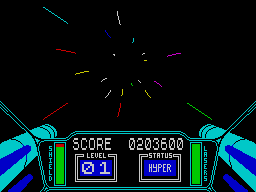 3D Starstrike (ZX Spectrum) screenshot: Warp speed, or hypedrive... It's more like Kubrick's "A Space trip Odyssey with Ligeti".