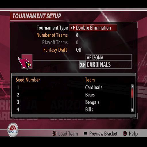 Madden NFL 2005 (PlayStation 2) screenshot: In tournament mode the gamer can create their own competition. Options are Double Elimination, Single Elimination, Double Round Robin and Round Robin. They can also select the teams