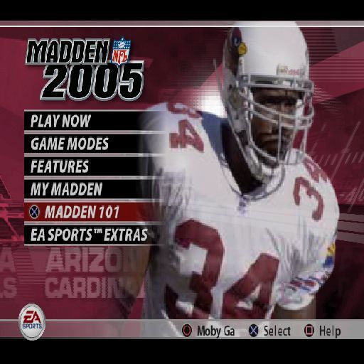 Madden NFL 2005 (PlayStation 2) screenshot: The Main Menu. <br>The player in the background moves and uses a juddering effect that is vaguely disturbing. Different players, managers, cheerleaders are shown here