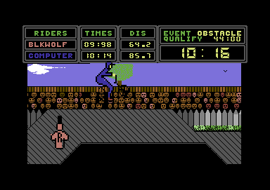Hyper Biker (Commodore 64) screenshot: Blue jumps over a pit