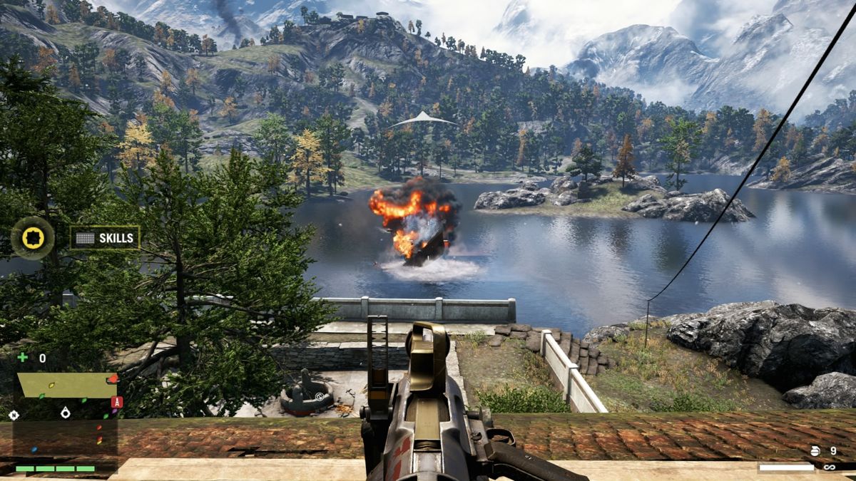 Far Cry 4 (PlayStation 4) screenshot: Using grenade launcher to sink enemy ships