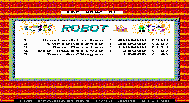 Robot Junior (DOS) screenshot: Title screen / high score table