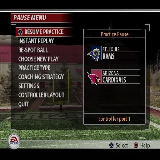 Madden NFL 2005 (PlayStation 2) screenshot: The in-game pause menu, accessed here from a practice session