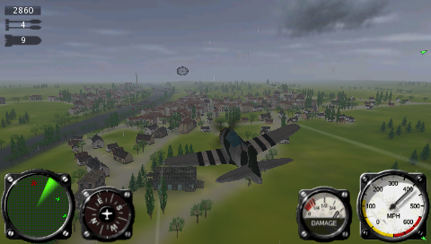 Air Conflicts: Aces of World War II (PSP) screenshot: Rainy weather over a French city