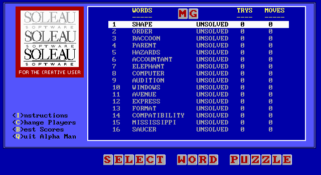Alpha Man (DOS) screenshot: Level selection