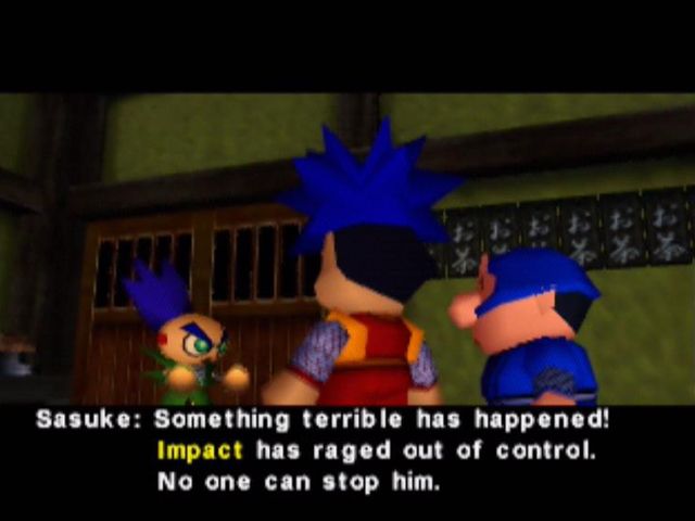 Goemon's Great Adventure (Nintendo 64) screenshot: Sasuke informs the pair that the giant robot, Impact, is out of control!