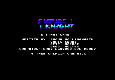 Future Knight (Amstrad CPC) screenshot: Menu and credits