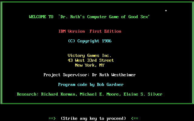 Dr. Ruth's Computer Game of Good Sex (DOS) screenshot: The opening screen