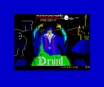 Druid (ZX Spectrum) screenshot: Loading screen - the counter is in Hex, as with many Firebird loaders