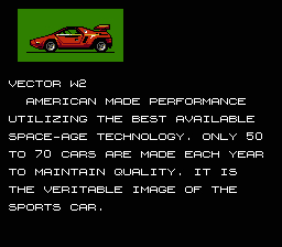 Formula One: Built to Win (NES) screenshot: Description of the Vector W2