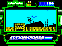 Action Force (ZX Spectrum) screenshot: - Hey shorty, you mechanicals? Need food for my fan. Me friend, nice. Good girls there you live?