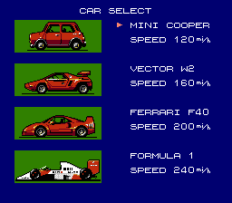 Formula One: Built to Win (NES) screenshot: Selecting a car in the Free Mode
