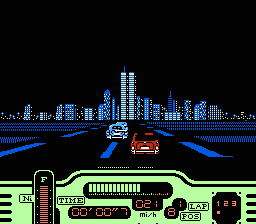 Formula One: Built to Win (NES) screenshot: A night race through The Big Apple