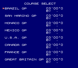 Formula One: Built to Win (NES) screenshot: Selecting a course in the Free Mode