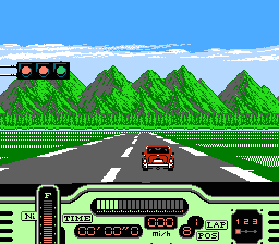 Formula One: Built to Win (NES) screenshot: Starting line at a Detroit race course