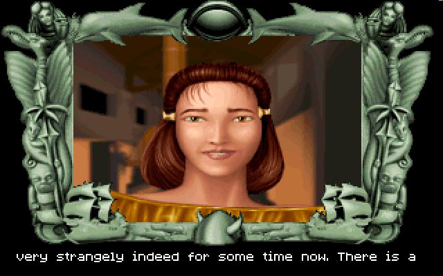 Realms of Arkania III: Shadows over Riva (DOS) screenshot: Conversing with the priestess.