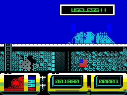 Action Force II: International Heroes (ZX Spectrum) screenshot: (Quick Kick) - Now you wake and all you have to say is that ??! Useless!! Get over here you mada... (Airtight) - My weapon was jammed... hey... wait a sec... heeeey!!