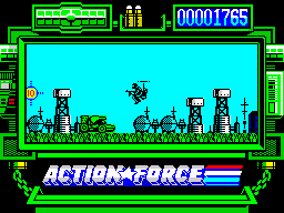 Action Force (ZX Spectrum) screenshot: - Was talking to that guy with a costume, really shorty with huge eyes, trying to ask him about gas. The bonzo just pointed to the sky saying something about phoning home. Gave your number.