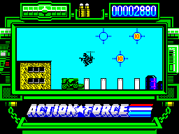 Action Force (ZX Spectrum) screenshot: (Eyes) - Do you happen to have some toilet paper around there Strikky? (Striker) ... (Eyes) - Remember the last time I shot your car by accident?