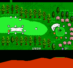 Golf Grand Slam (NES) screenshot: The bottom of the screen shows that the green is on an elevated plateau