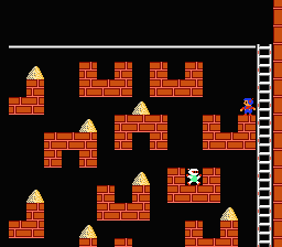 Championship Lode Runner (NES) screenshot: This level features few ladders and many separate blocks.