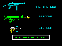 Action Force II: International Heroes (ZX Spectrum) screenshot: Bio gun, to make then... BIOOS!!!