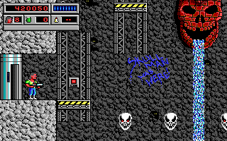 Bio Menace (DOS) screenshot: "The Elevator" is one of the most puzzling levels. It also seems to have the same decorator as The Temple of Doom.