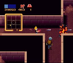 Zombies Ate My Neighbors (SNES) screenshot: Inside the Pyramid of Fear, blasting zombies with the super-soaker