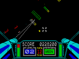 3D Starstrike (ZX Spectrum) screenshot: Crashed into a tower. Up side down.