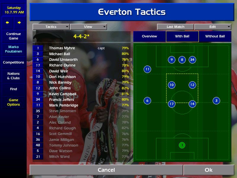 Championship Manager: Season 99/00 (Windows) screenshot: Tactics can be fine tuned depending on where the ball is and whether your team is in possession or not.