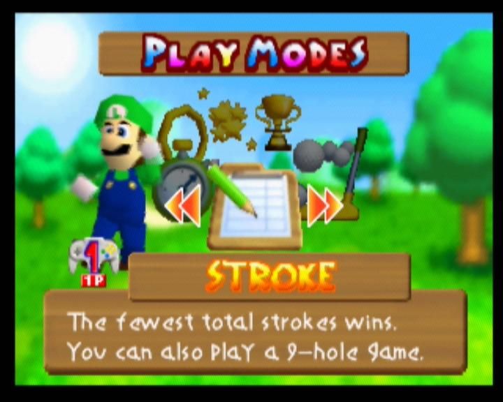 Mario Golf (Nintendo 64) screenshot: Different play modes, such as stroke, tournament, ring shot, mini-golf and more
