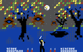 Forbidden Forest (Commodore 64) screenshot: Here come some giant hopping creatures