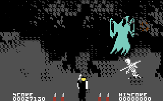 Forbidden Forest (Commodore 64) screenshot: Ghosts and skeletons, run away!