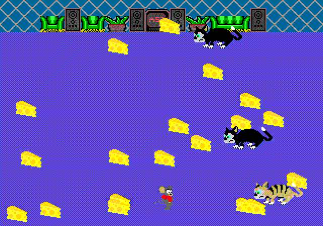 Action 52 (Genesis) screenshot: Mouse Trap: collect all the pieces of cheese and avoid the cats.