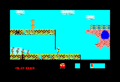 Lucky Luke (Amstrad CPC) screenshot: Oh, Daltons...Wait here 'til I have a gun...