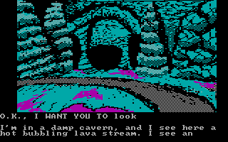 Sorcerer of Claymorgue Castle (DOS) screenshot: An underground lava stream!