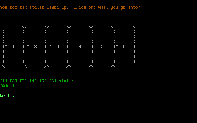 Totally Smashed (DOS) screenshot: Pick a bathroom stall... any bathroom stall! (There are some activities I like to keep well separated from games of chance...)