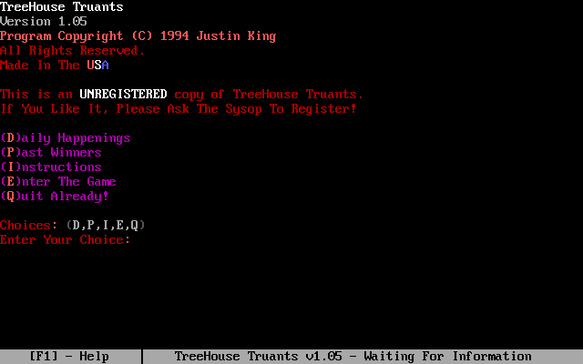 Treehouse Truants (DOS) screenshot: Start menu