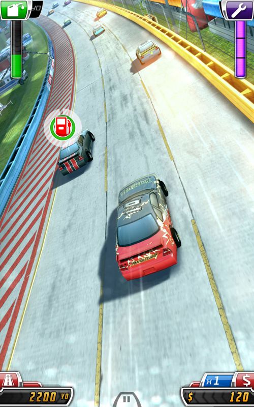Daytona Rush (Android) screenshot: Going through a turn and almost out of fuel.